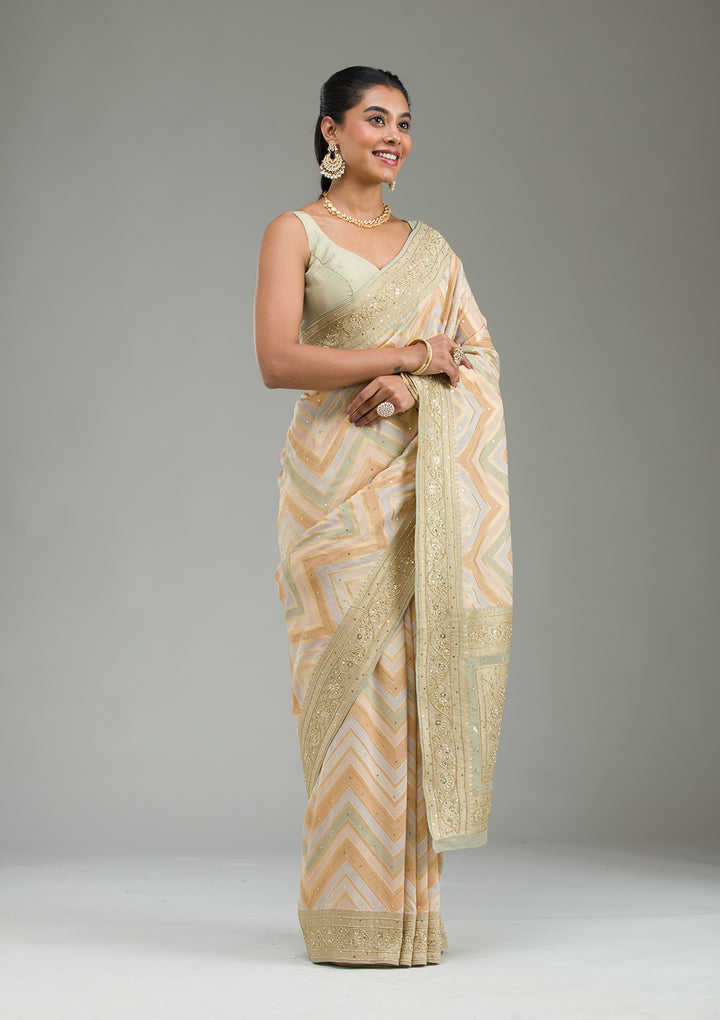 Pista Green Silk Stripes Cutdana Saree With Matching Blouse Piece