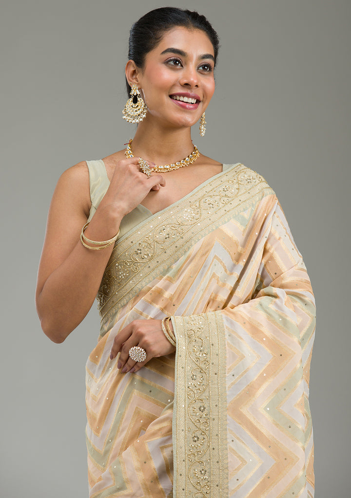 Pista Green Silk Stripes Cutdana Saree With Matching Blouse Piece