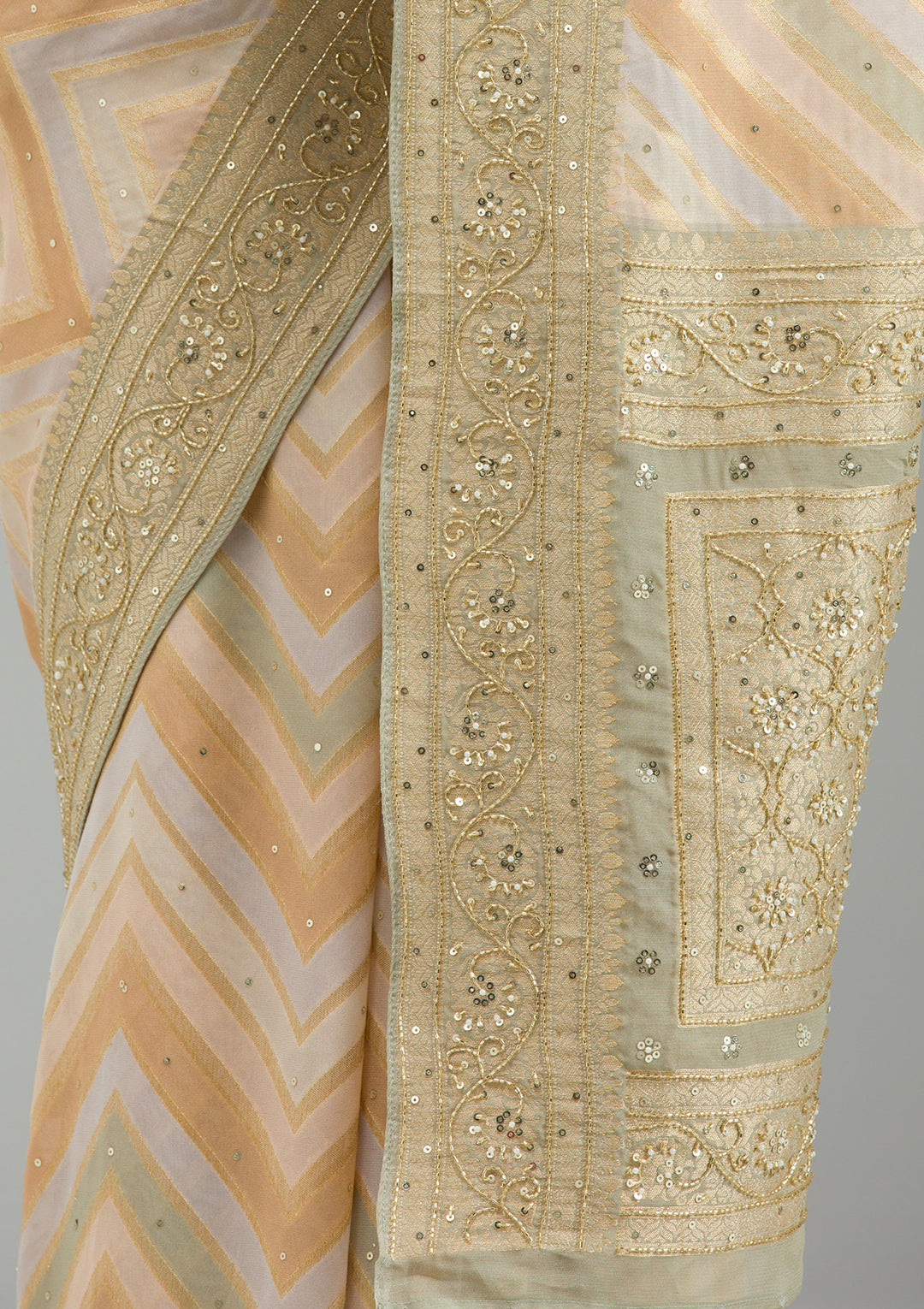 Pista Green Silk Stripes Cutdana Saree With Matching Blouse Piece