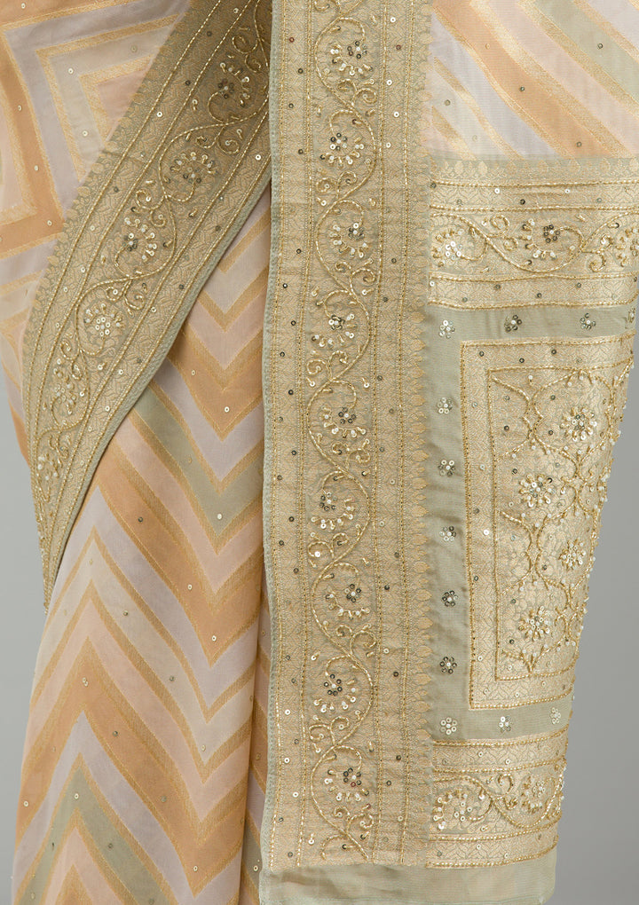 Pista Green Silk Stripes Cutdana Saree With Matching Blouse Piece