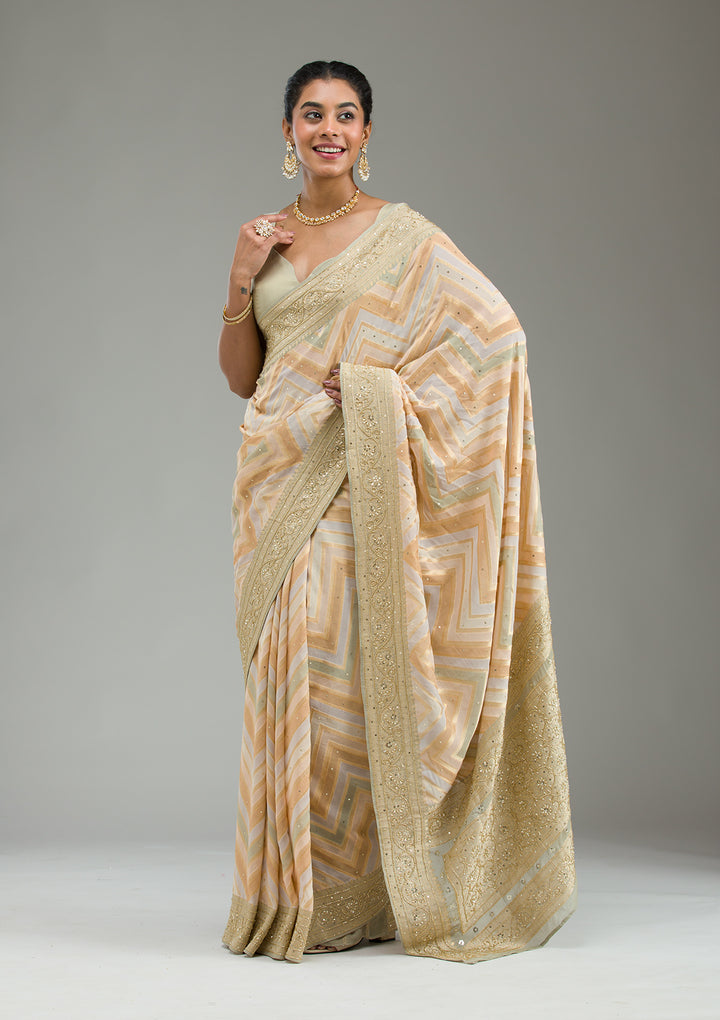 Pista Green Silk Stripes Cutdana Saree With Matching Blouse Piece