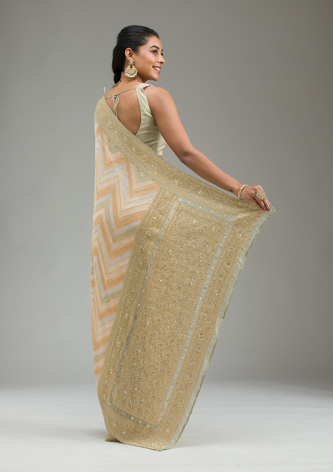 Pista Green Silk Stripes Cutdana Saree With Matching Blouse Piece