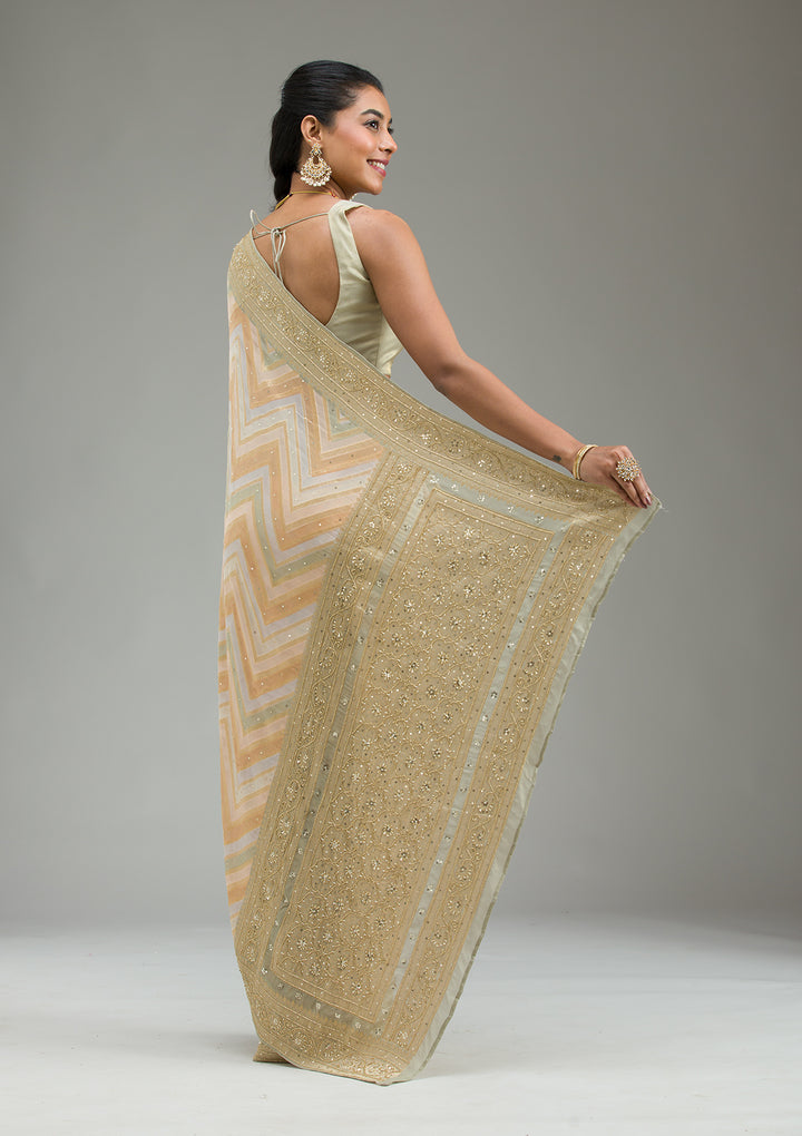 Pista Green Silk Stripes Cutdana Saree With Matching Blouse Piece