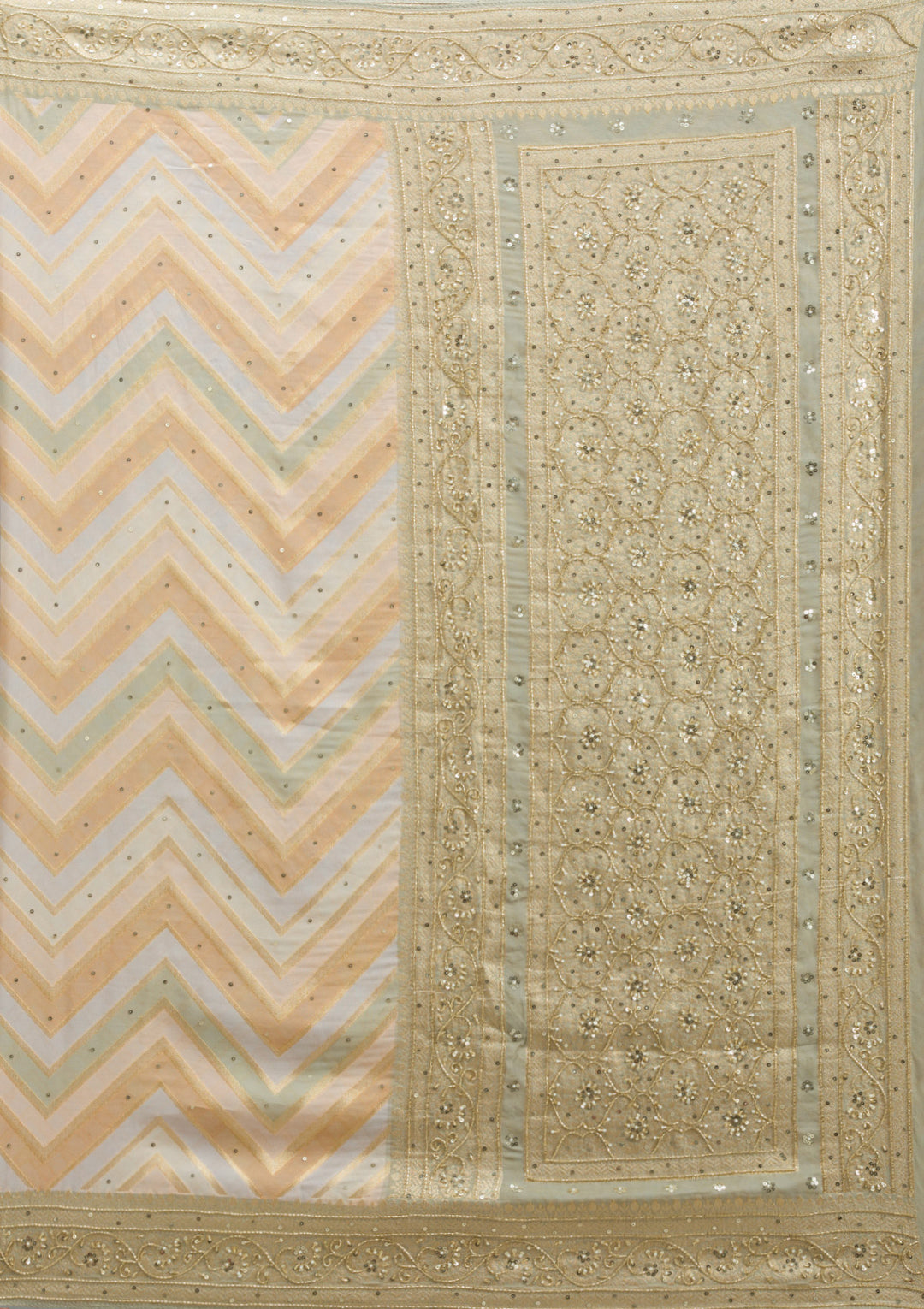 Pista Green Silk Stripes Cutdana Saree With Matching Blouse Piece
