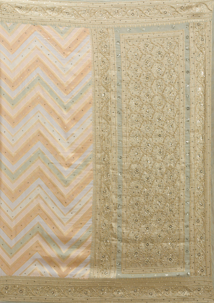 Pista Green Silk Stripes Cutdana Saree With Matching Blouse Piece