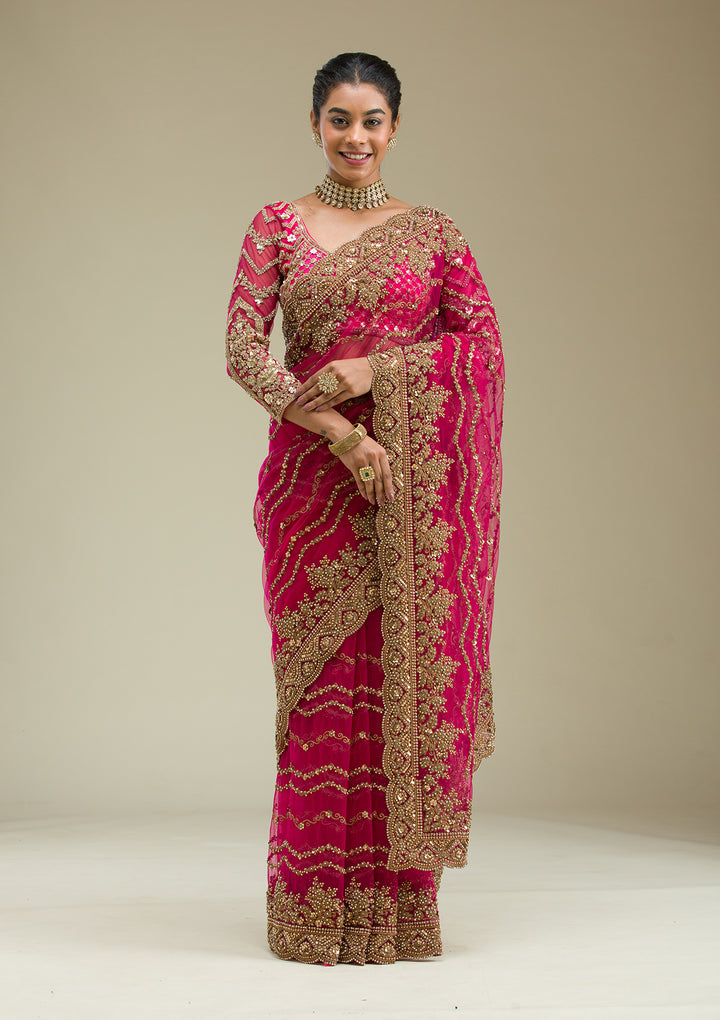 Rani Pink Stonework Net Saree