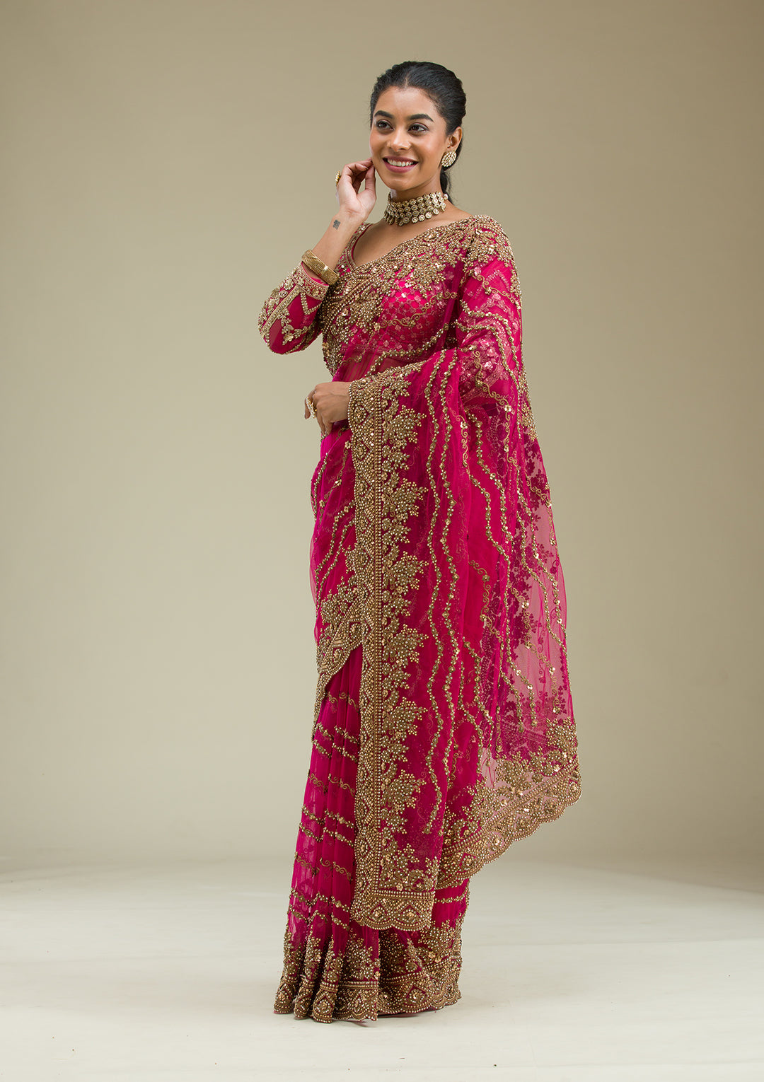 Rani Pink Stonework Net Saree
