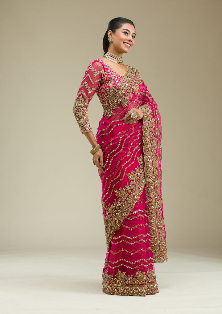 Rani Pink Stonework Net Saree