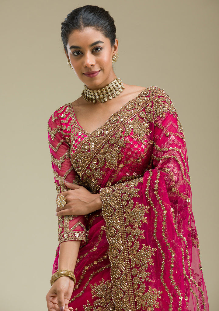 Rani Pink Stonework Net Saree