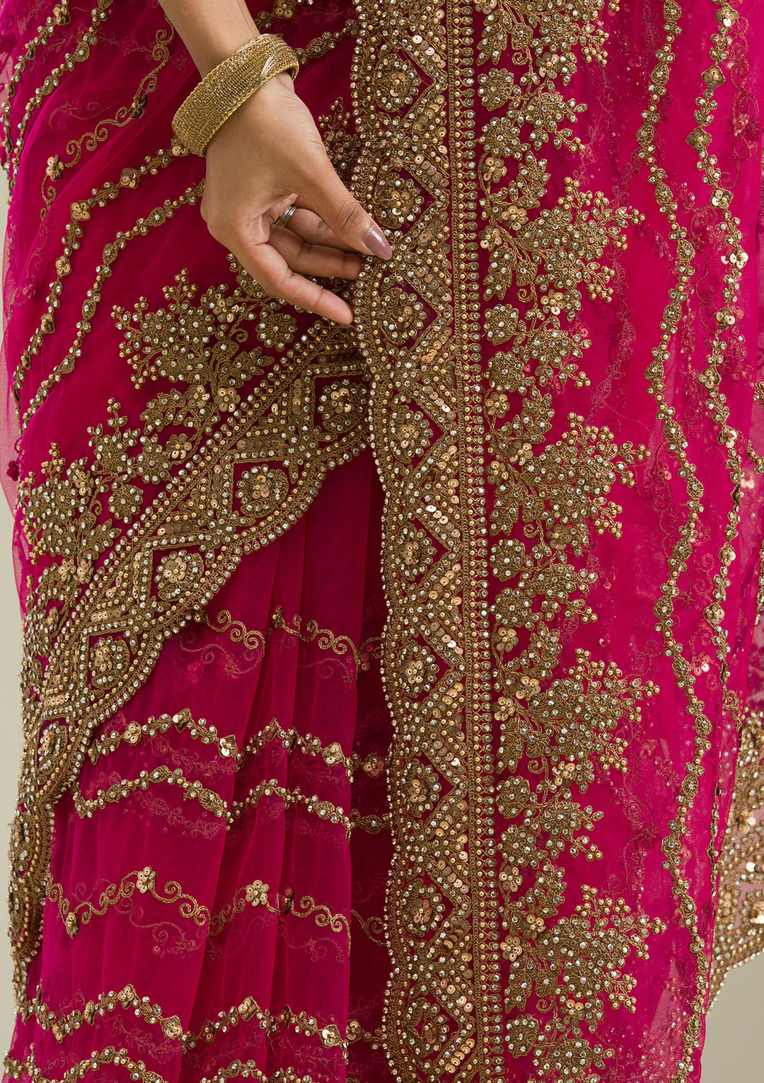 Rani Pink Stonework Net Saree