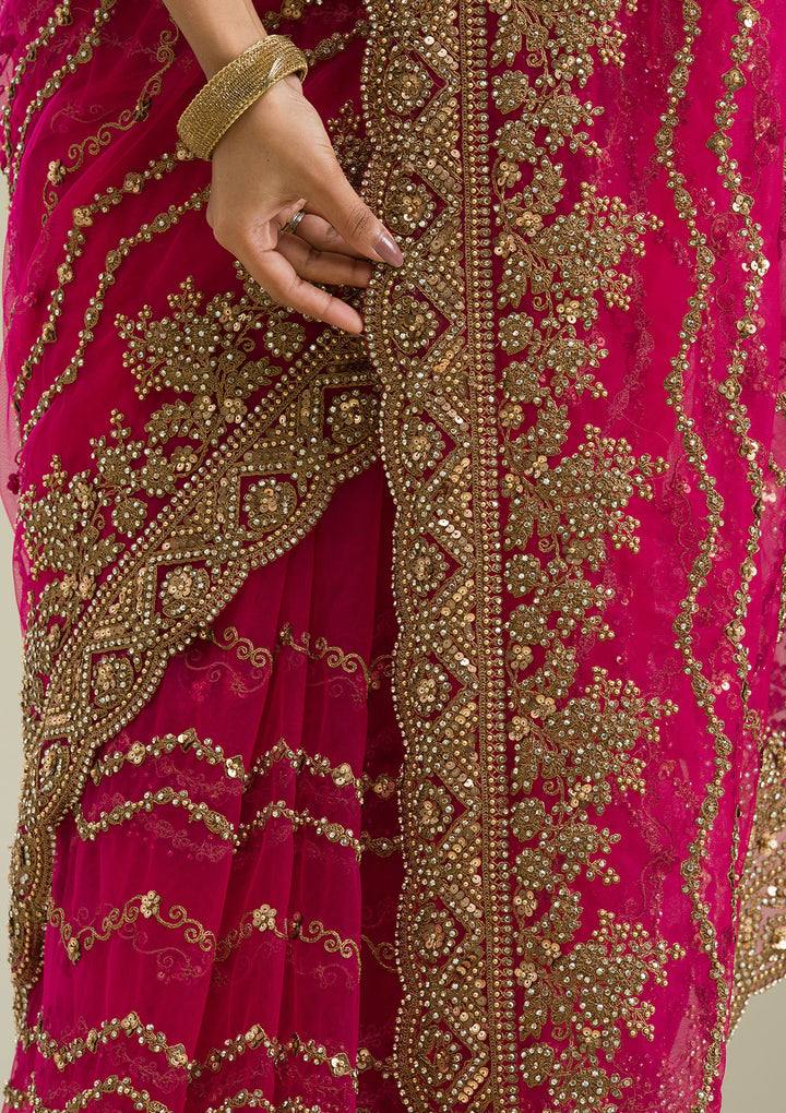 Rani Pink Stonework Net Saree
