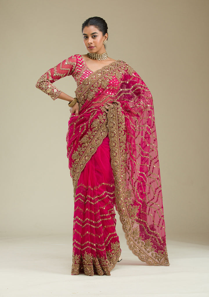 Rani Pink Stonework Net Saree