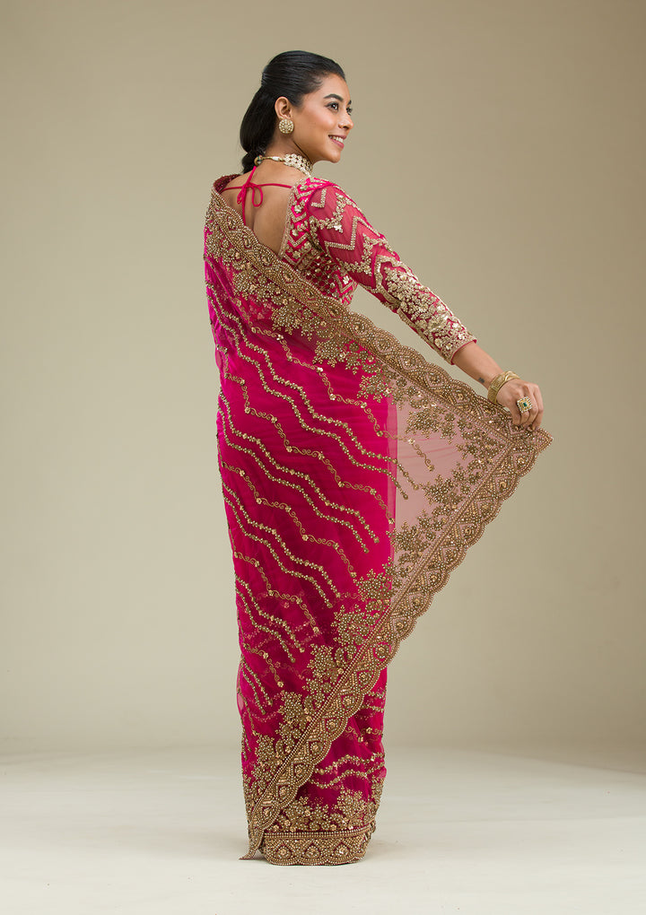 Rani Pink Stonework Net Saree
