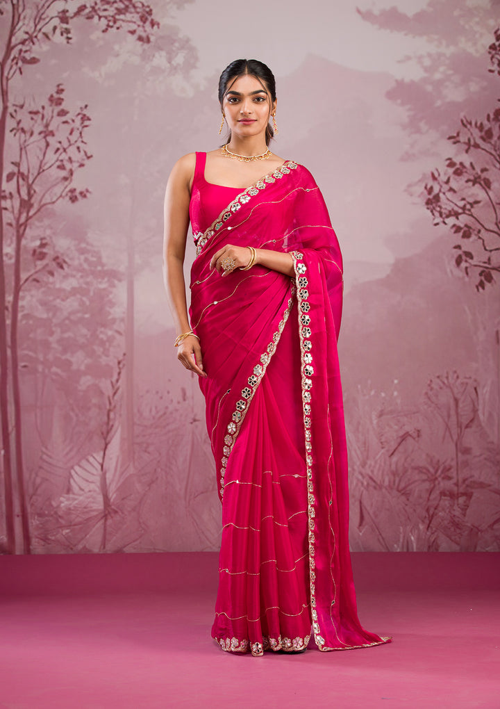 Rani Pink Organza Mirrorwork Saree With Matching Blouse Piece