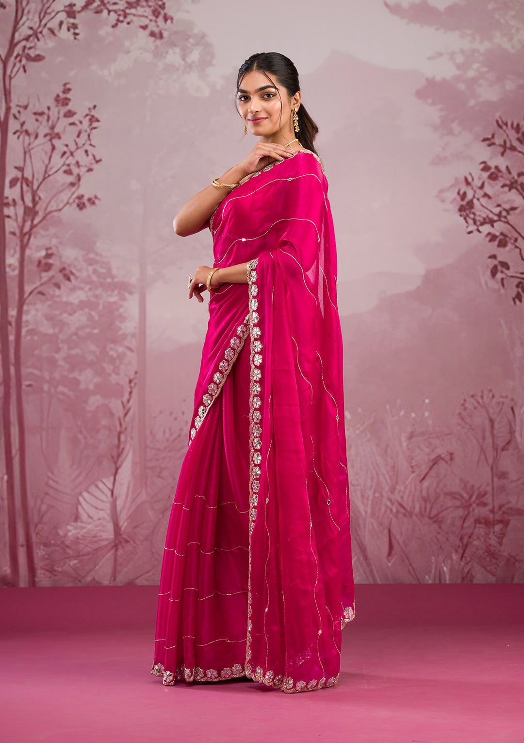 Rani Pink Organza Mirrorwork Saree With Matching Blouse Piece