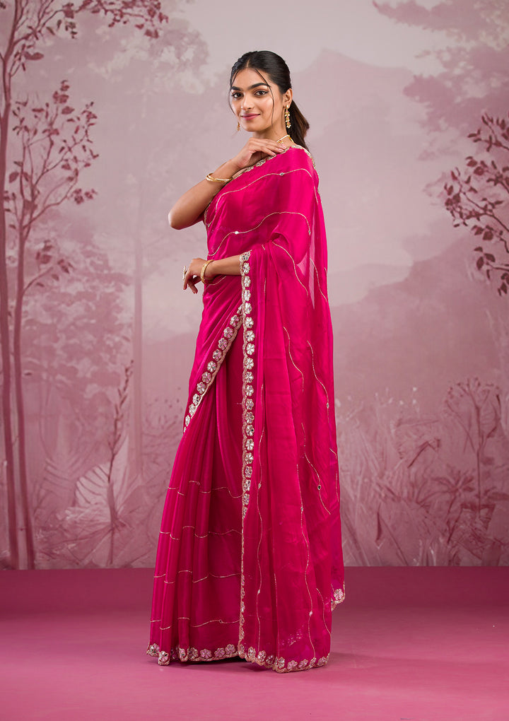 Rani Pink Organza Mirrorwork Saree With Matching Blouse Piece