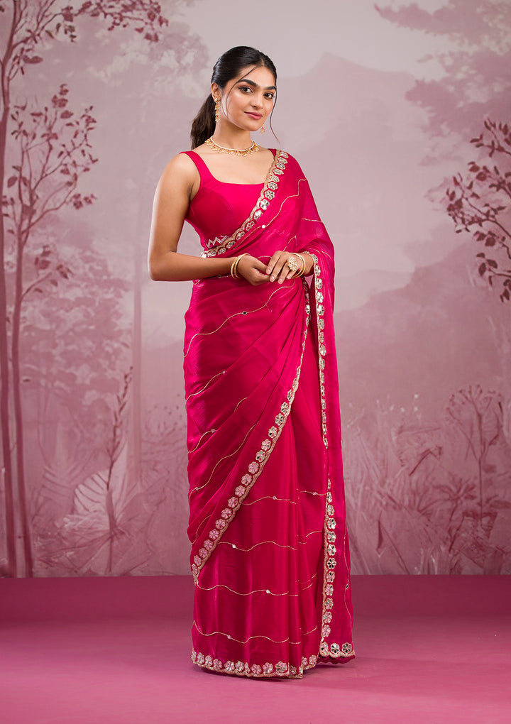 Rani Pink Organza Mirrorwork Saree With Matching Blouse Piece