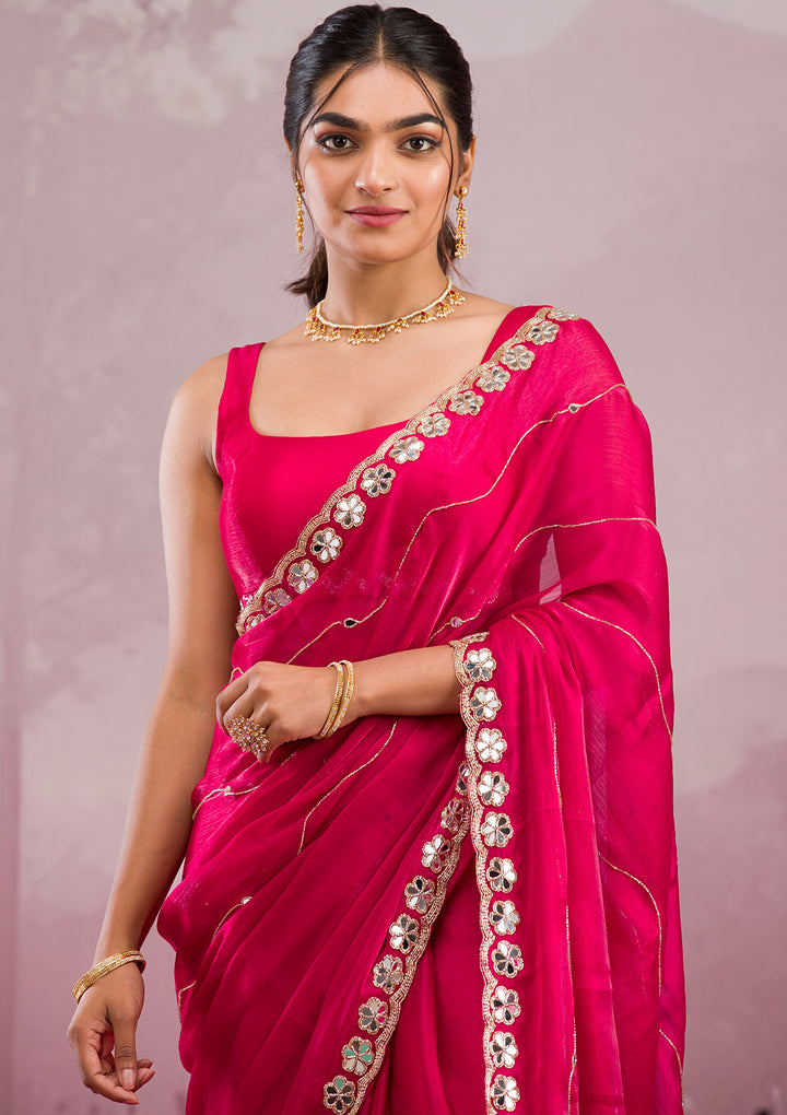 Rani Pink Organza Mirrorwork Saree With Matching Blouse Piece