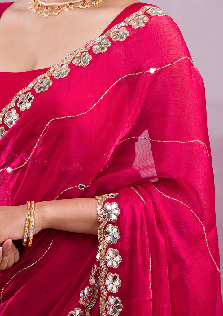 Rani Pink Organza Mirrorwork Saree With Matching Blouse Piece