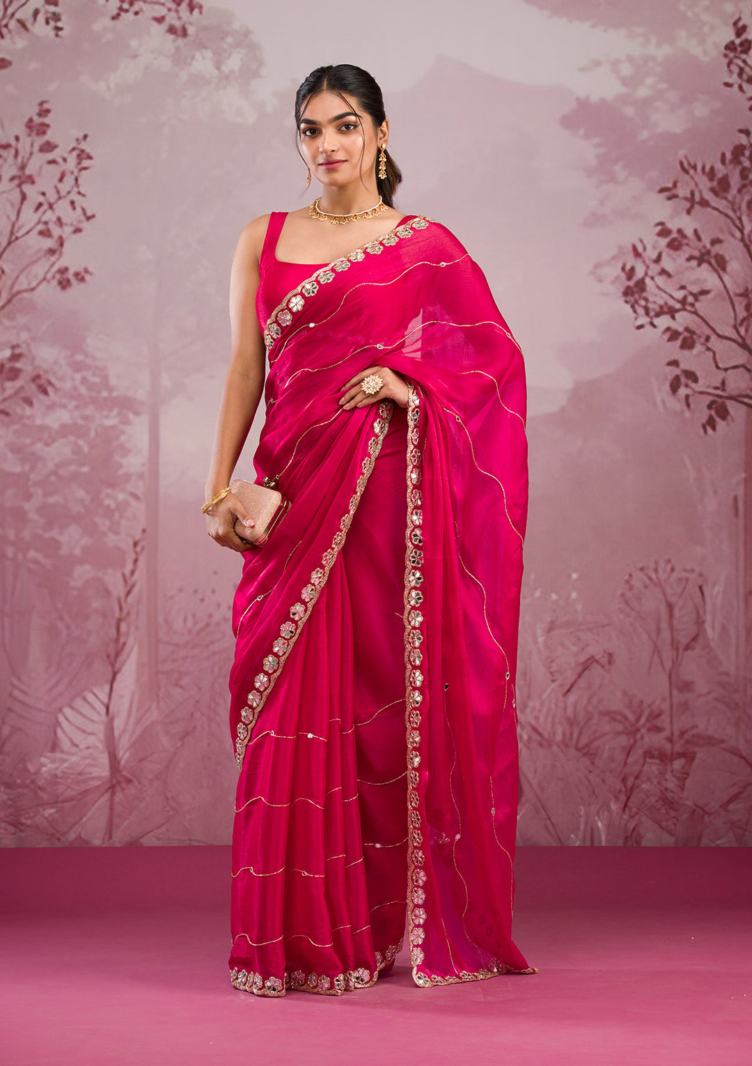 Rani Pink Organza Mirrorwork Saree With Matching Blouse Piece