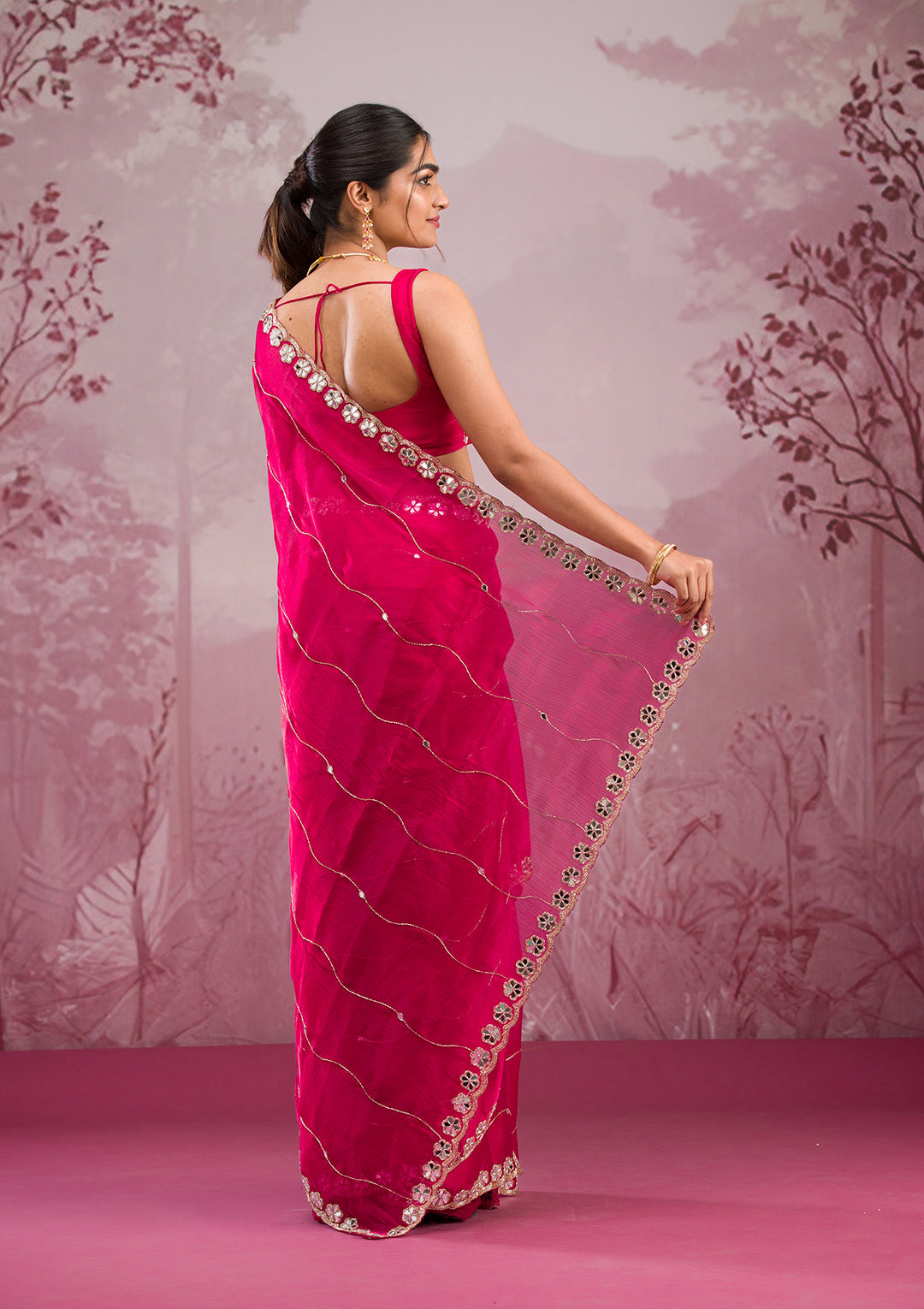 Rani Pink Organza Mirrorwork Saree With Matching Blouse Piece