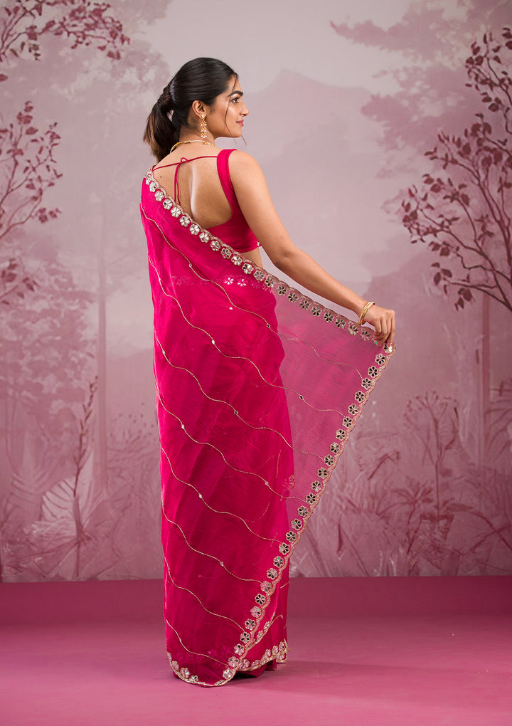 Rani Pink Organza Mirrorwork Saree With Matching Blouse Piece