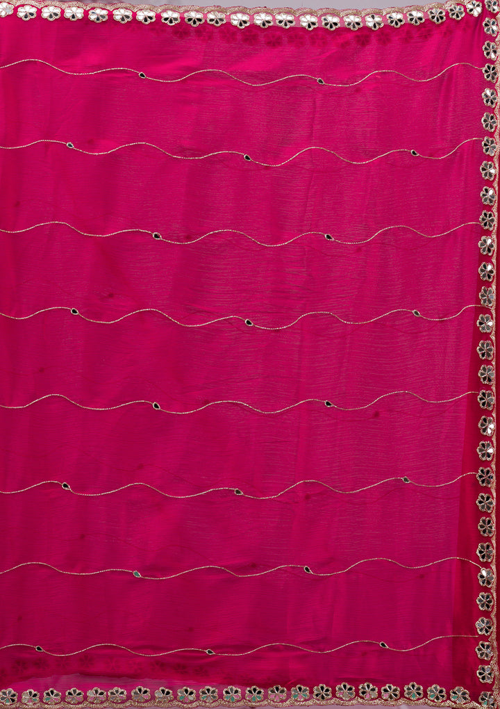 Rani Pink Organza Mirrorwork Saree With Matching Blouse Piece
