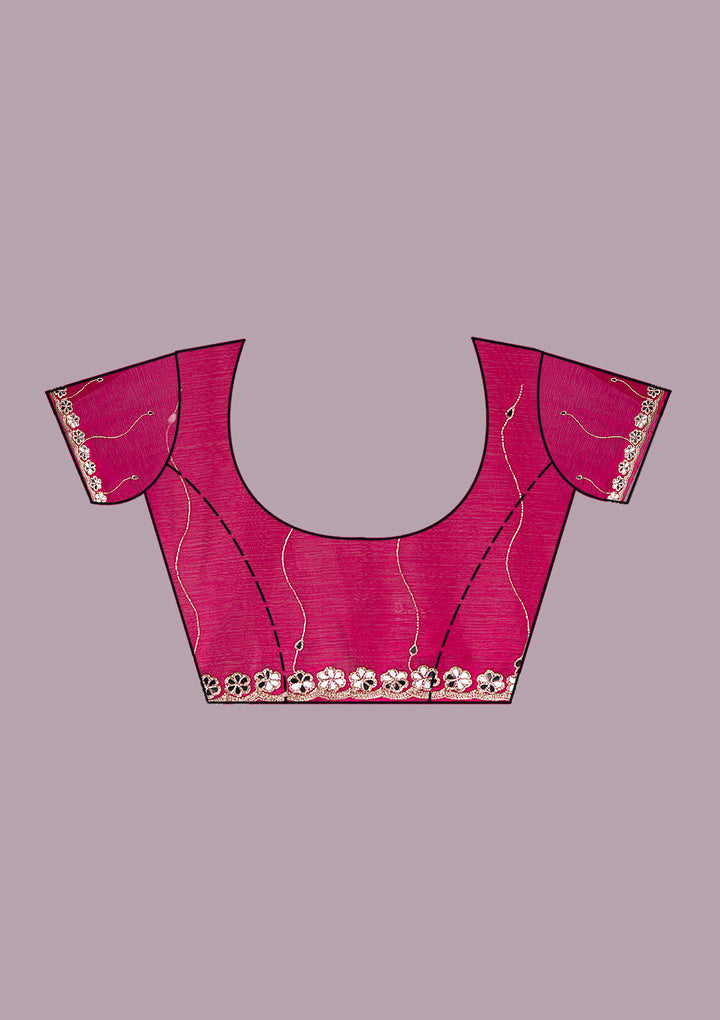 Rani Pink Organza Mirrorwork Saree With Matching Blouse Piece