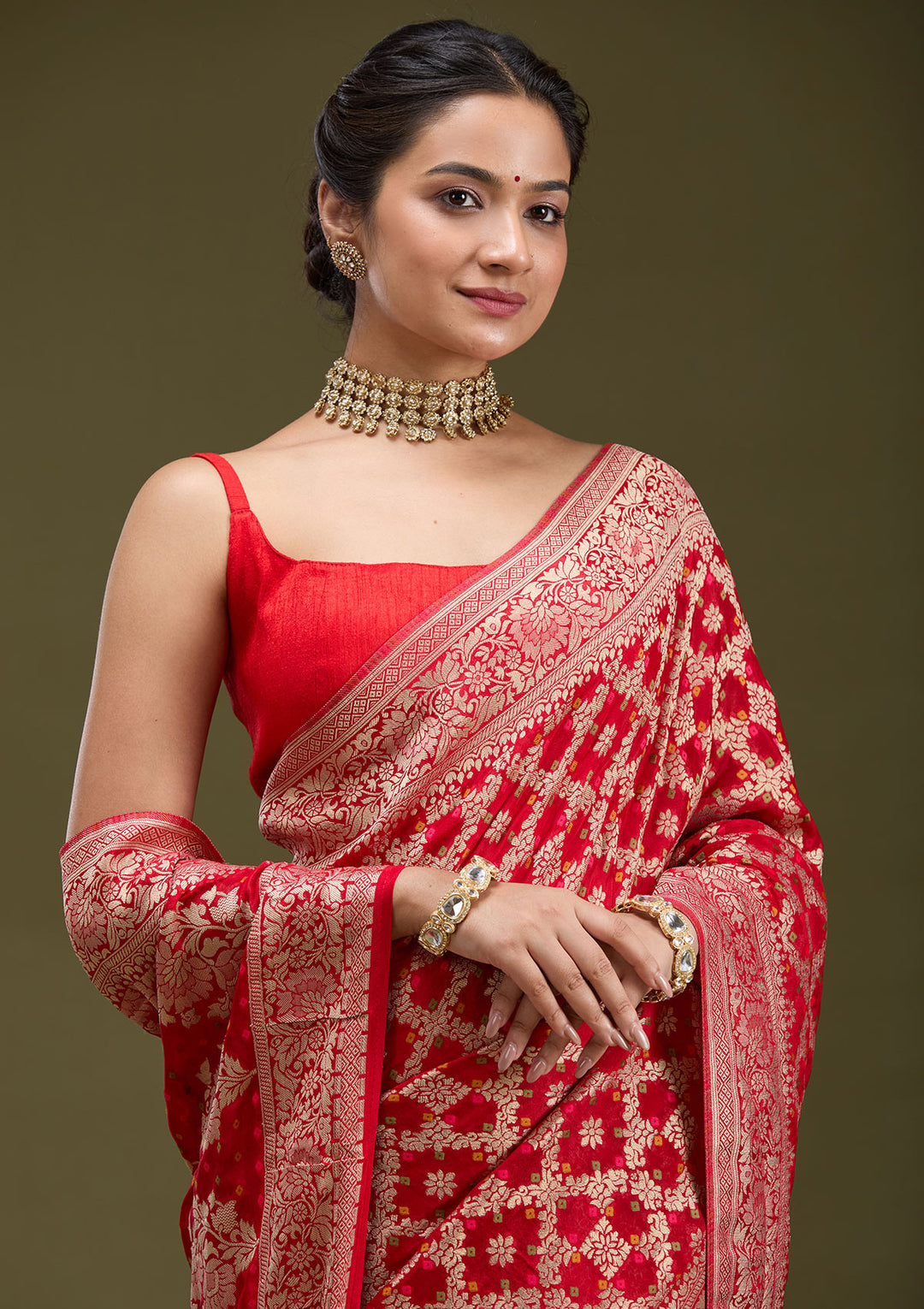 Red Silk Checks Gold Zariwork Saree With Matching Blouse Piece