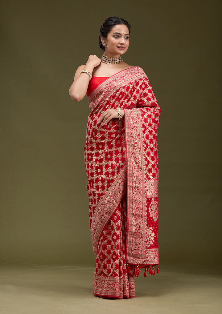 Red Silk Checks Gold Zariwork Saree With Matching Blouse Piece