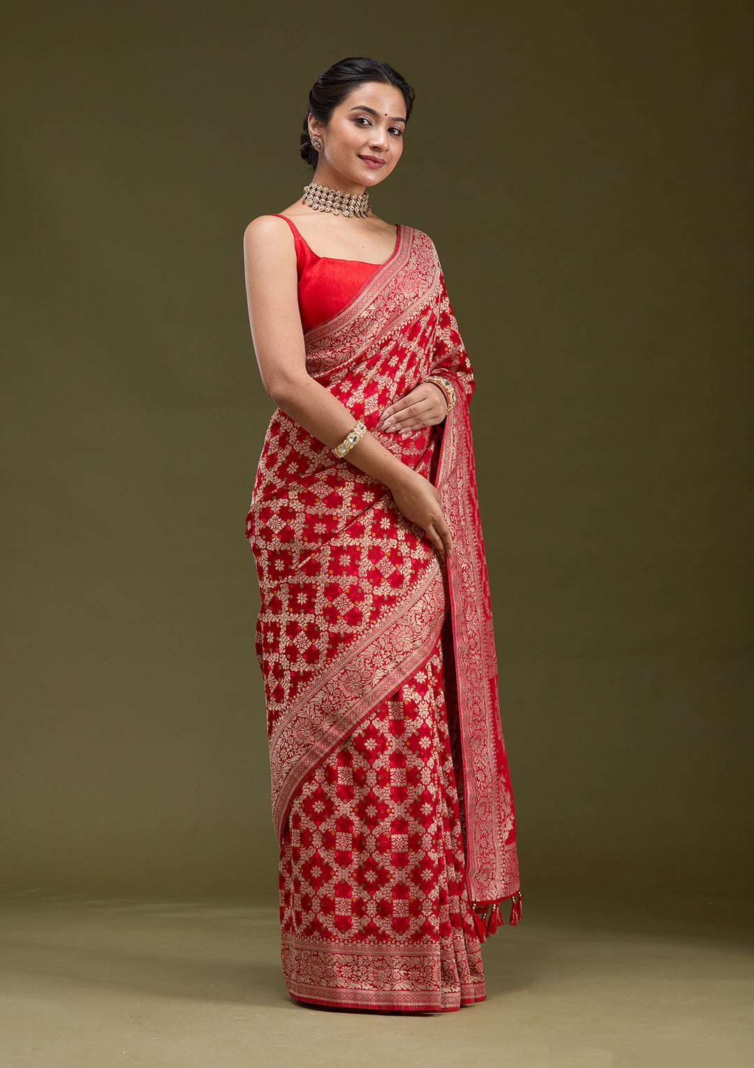 Red Silk Checks Gold Zariwork Saree With Matching Blouse Piece