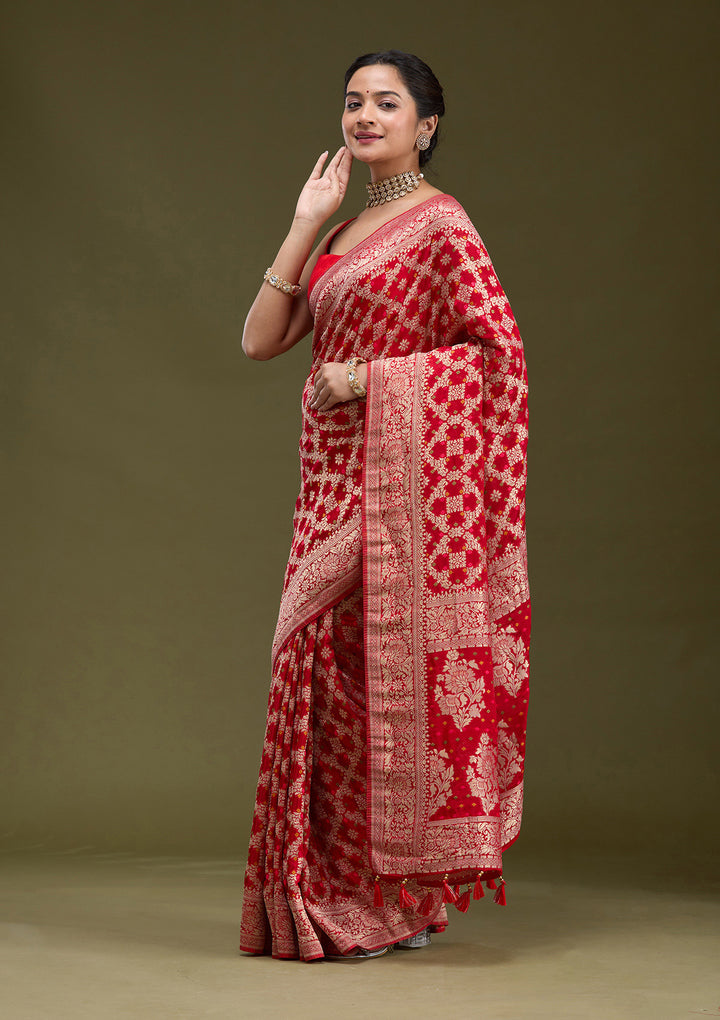 Red Silk Checks Gold Zariwork Saree With Matching Blouse Piece
