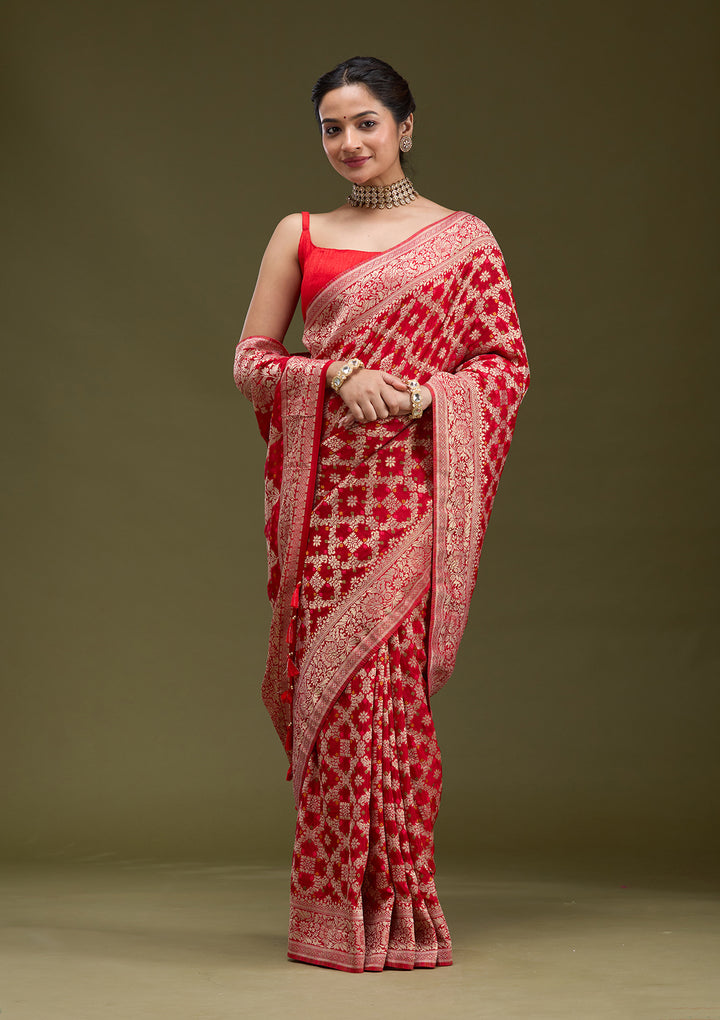 Red Silk Checks Gold Zariwork Saree With Matching Blouse Piece