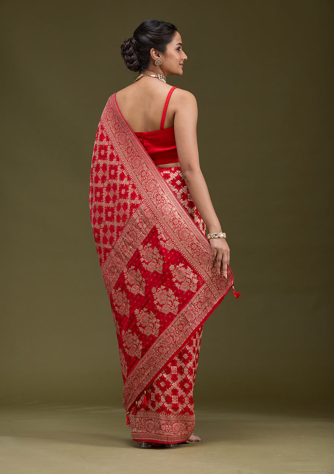 Red Silk Checks Gold Zariwork Saree With Matching Blouse Piece