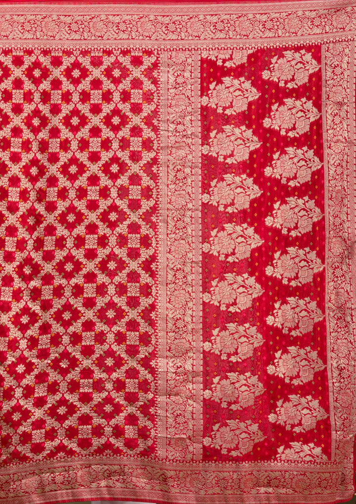 Red Silk Checks Gold Zariwork Saree With Matching Blouse Piece