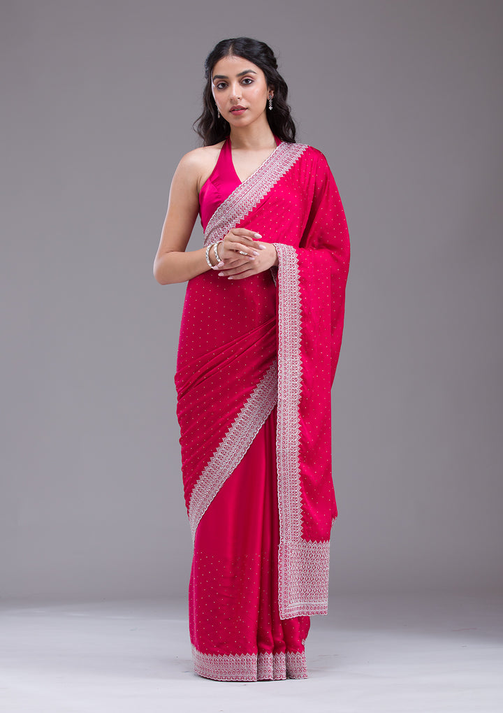 Rani Pink Satin Silver Zariwork Saree With Matching Blouse Piece