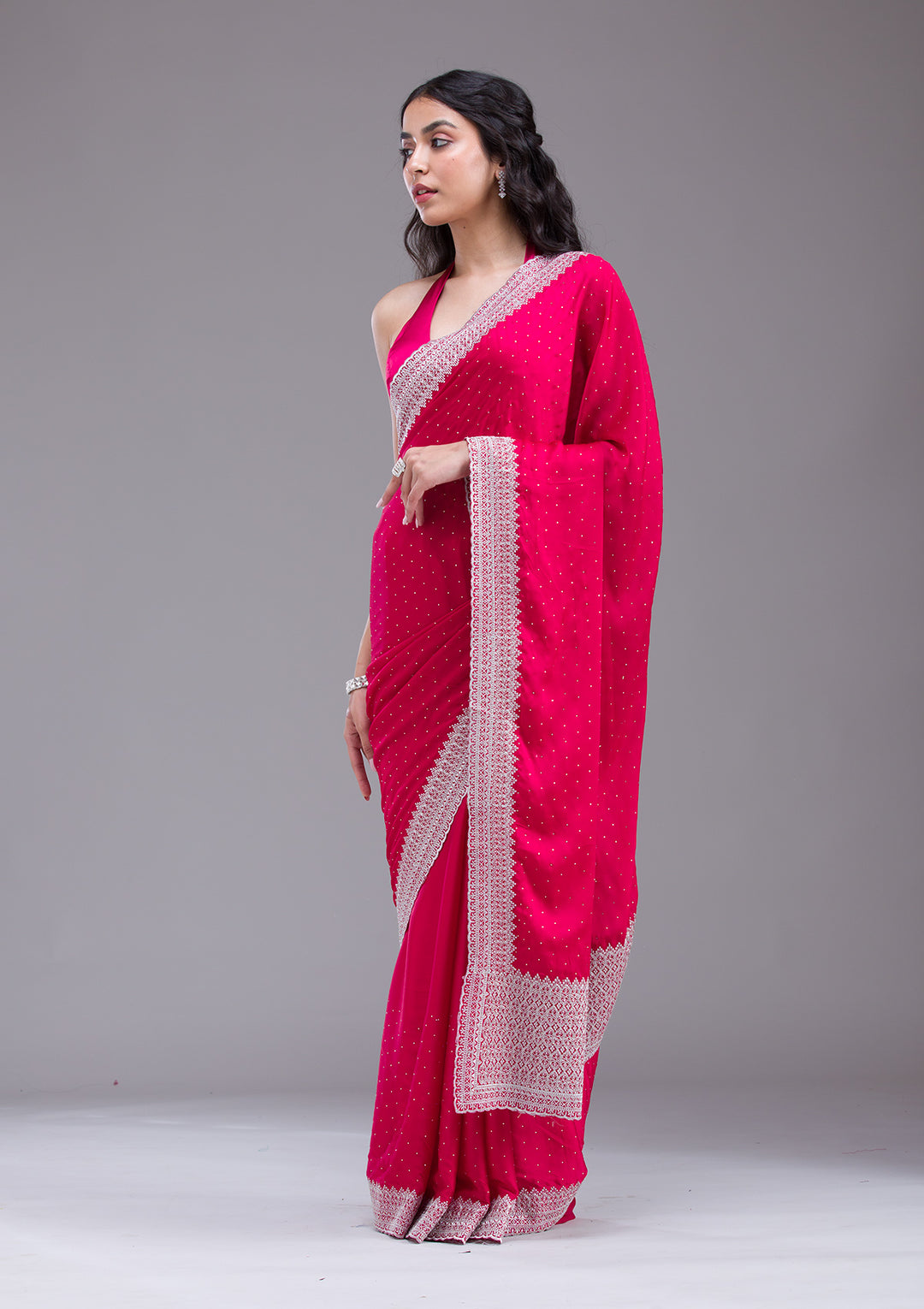 Rani Pink Satin Silver Zariwork Saree With Matching Blouse Piece