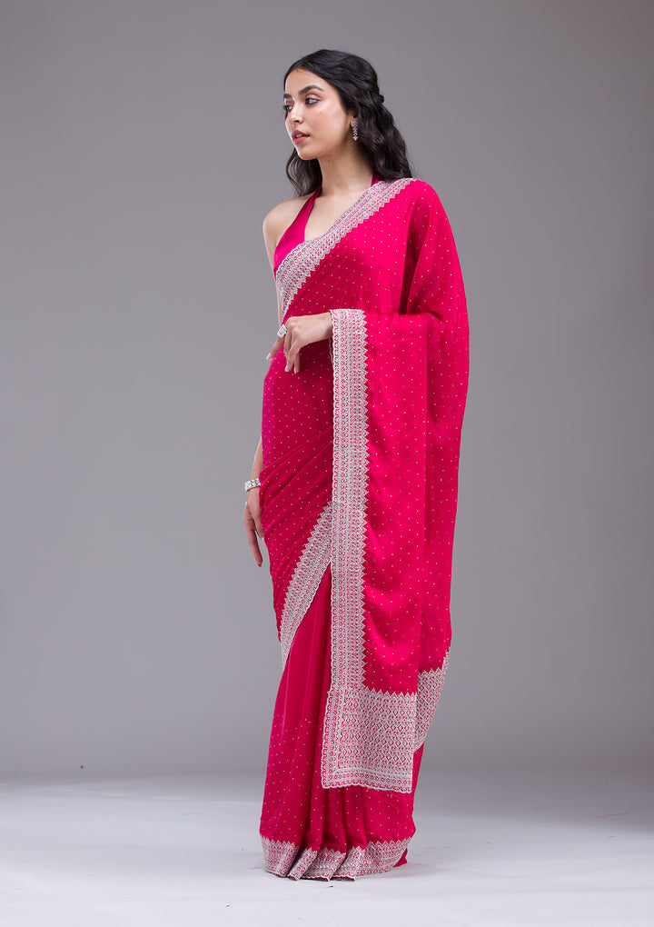 Rani Pink Satin Silver Zariwork Saree With Matching Blouse Piece
