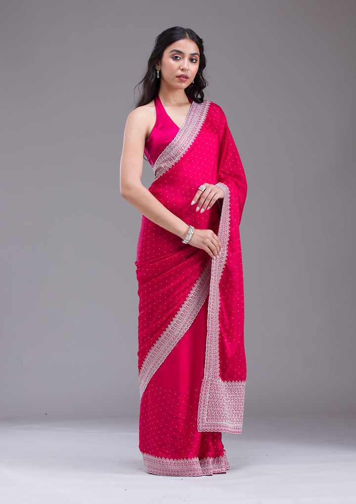 Rani Pink Satin Silver Zariwork Saree With Matching Blouse Piece