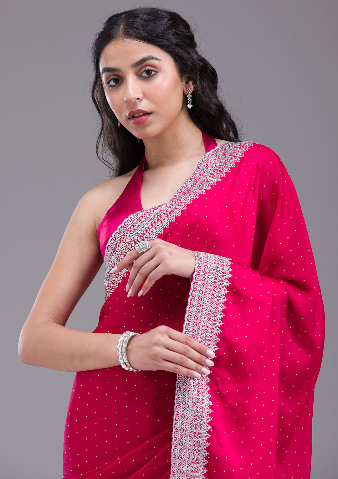 Rani Pink Satin Silver Zariwork Saree With Matching Blouse Piece