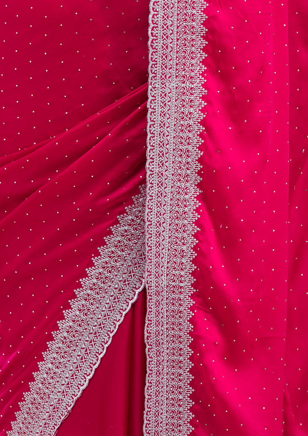 Rani Pink Satin Silver Zariwork Saree With Matching Blouse Piece