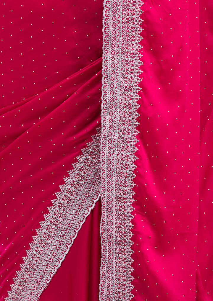 Rani Pink Satin Silver Zariwork Saree With Matching Blouse Piece