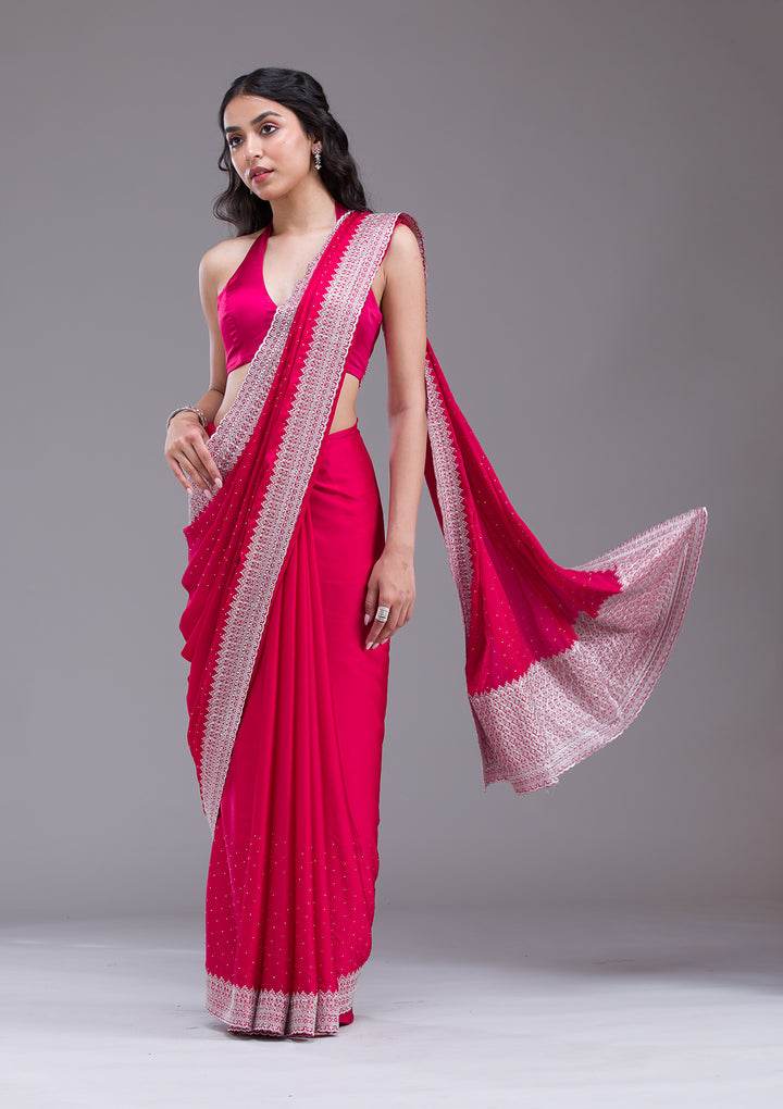 Rani Pink Satin Silver Zariwork Saree With Matching Blouse Piece