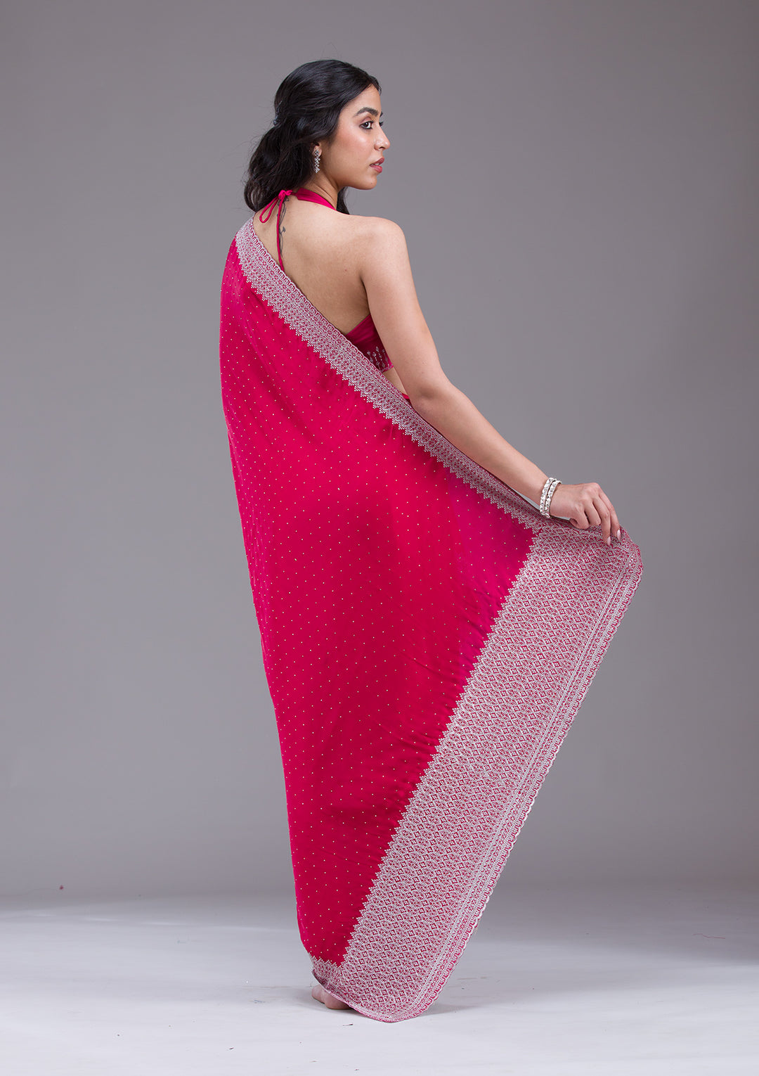 Rani Pink Satin Silver Zariwork Saree With Matching Blouse Piece