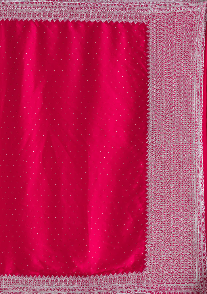 Rani Pink Satin Silver Zariwork Saree With Matching Blouse Piece