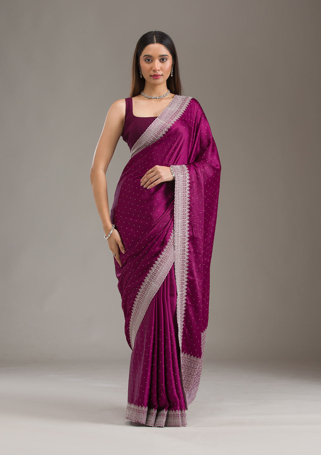 Wine Satin Silver Zariwork Saree With Matching Blouse Piece