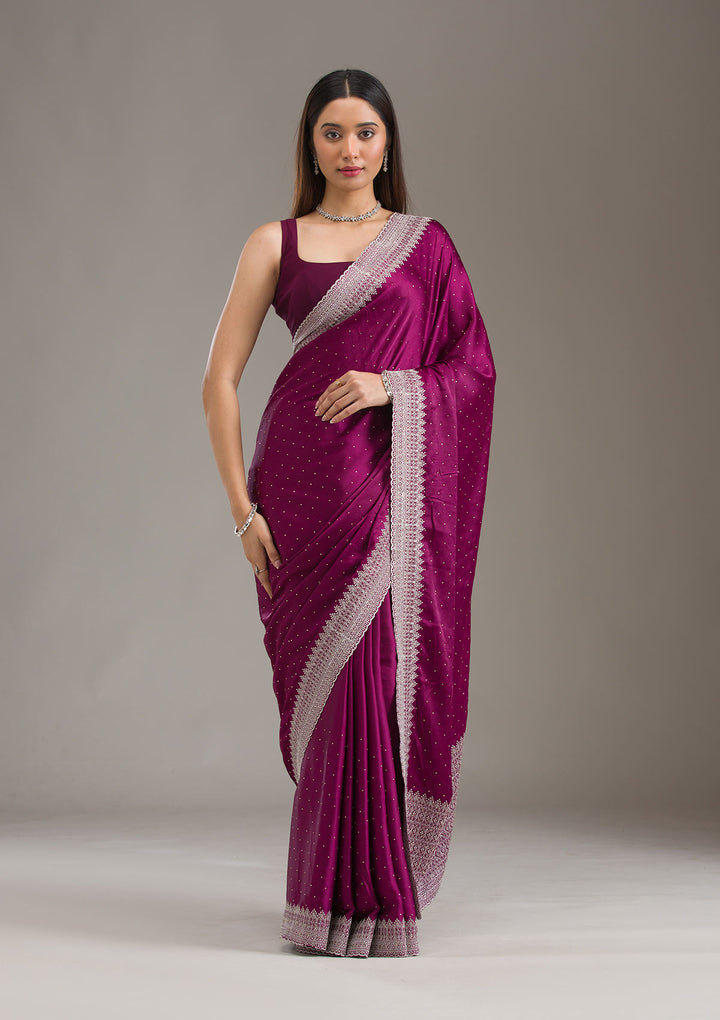 Wine Satin Silver Zariwork Saree With Matching Blouse Piece