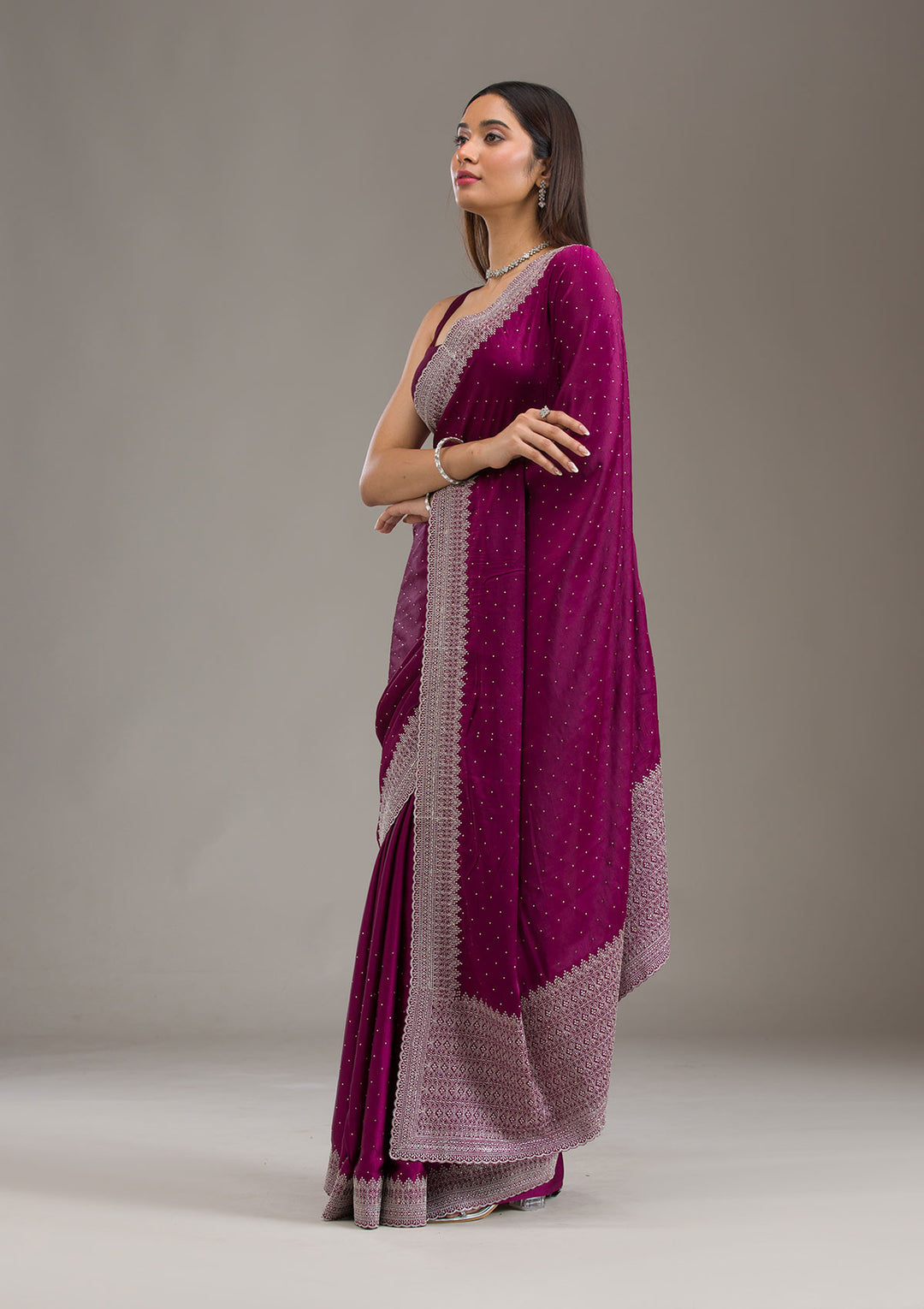 Wine Satin Silver Zariwork Saree With Matching Blouse Piece
