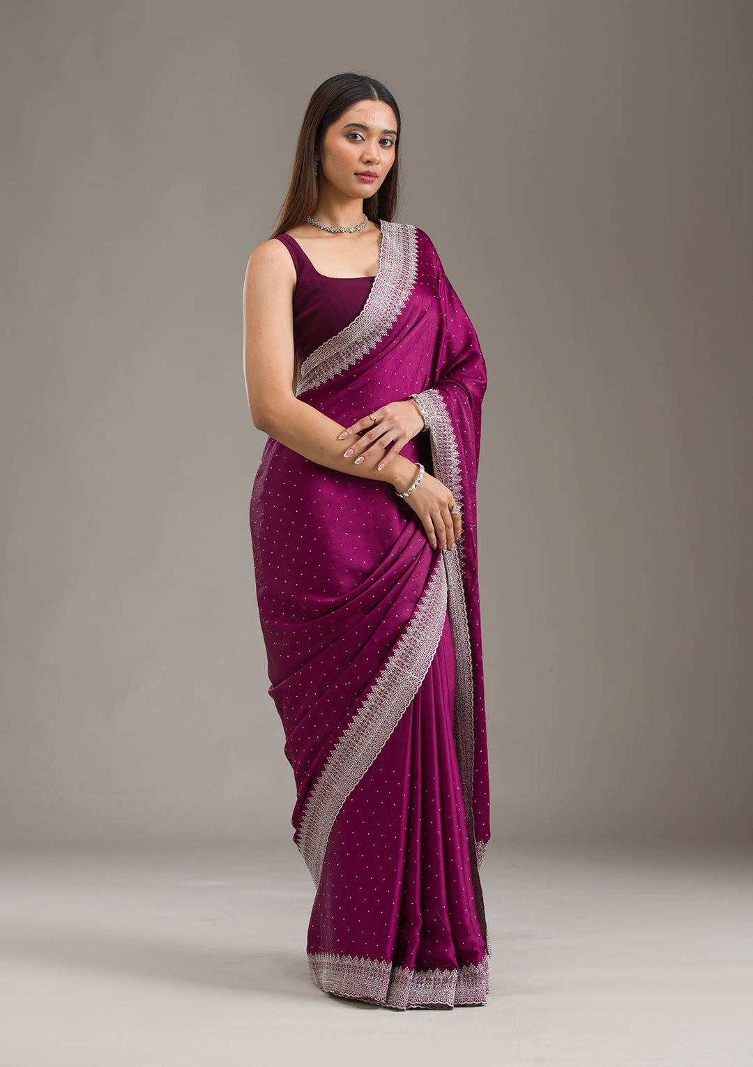 Wine Satin Silver Zariwork Saree With Matching Blouse Piece
