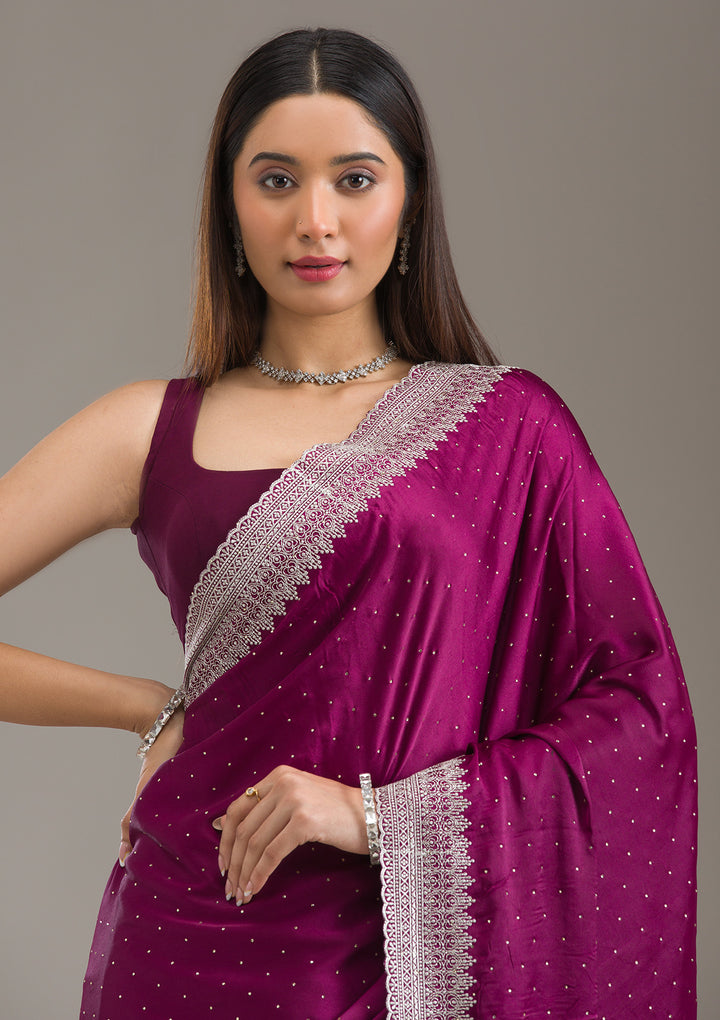 Wine Satin Silver Zariwork Saree With Matching Blouse Piece